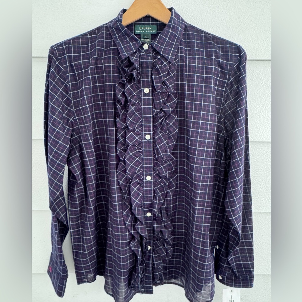 Lauren Ralph Lauren Ruffled Navy and Red Checkered Button Down Shirt NWT